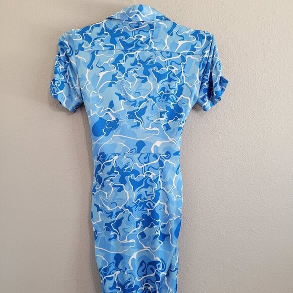 Stretchy Jersey Shirt Midi Dress - Ruched Bodycon Pool Water Print Summer Beach - Picture 7 of 15